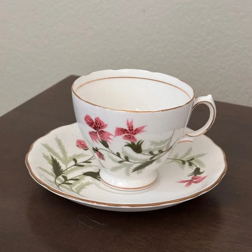 Vintage Colclough Bone China TeaCup Saucer Pink Floral Gold Trim Made in England